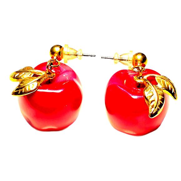 Vintage AVON Red Marbled Resin Goldtone Leaf Stud Dangle Earrings - Picture 2 of 4